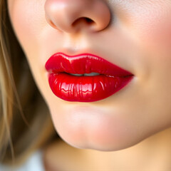 Fototapeta premium Close-up of a woman's full, red lips with gloss