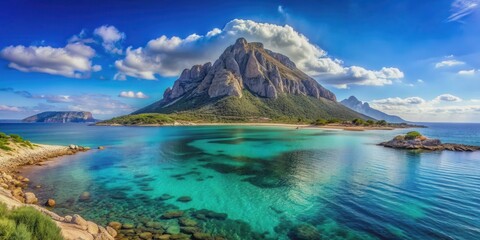 Fototapeta premium Majestic view of Tavolara island in Sardinia, Italy, Mediterranean, landscape, ocean, cliffs, rocky, coastline