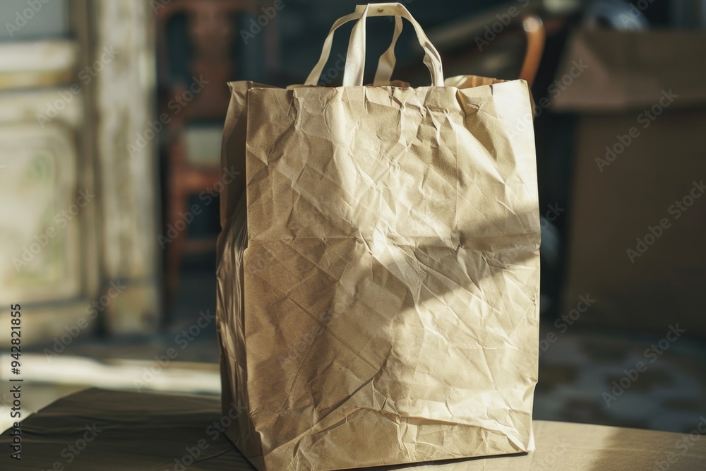 Poster a simple brown paper bag placed on a tabletop, suitable for illustration and design projects