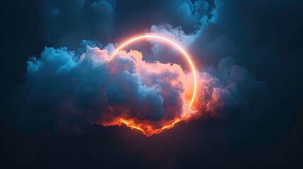 A glowing, neon ring against a background of soft, white clouds and a starry night.