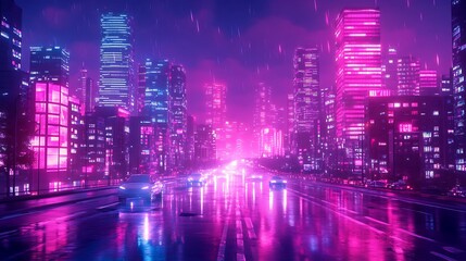 Neon Cityscape with Rain and Traffic at Night.