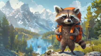 A raccoon with a backpack in the mountains. Trekking and traveling.