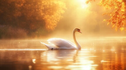 Serene swan gliding through tranquil waters amidst autumn's golden hues as the sun paints the horizon.