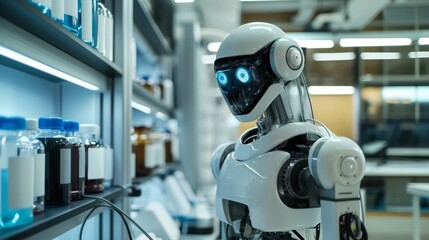 Robot in laboratory and experimental researcher room