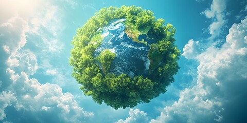 Floating spherical islands of lush green trees in a blue sky with fluffy clouds
