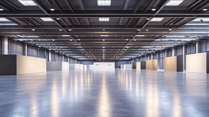 Fototapeta premium Spacious, empty exhibition center with backdrops for exhibition stands. 3D rendering.