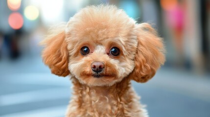 A fluffy small dog stands in the middle of a city street, gazing intently at the camera with wide eyes. The soft fur shimmers under natural light, highlighting its cuteness