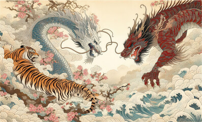 日本画、浮世絵／龍（ドラゴン）虎（タイガー）　龍虎