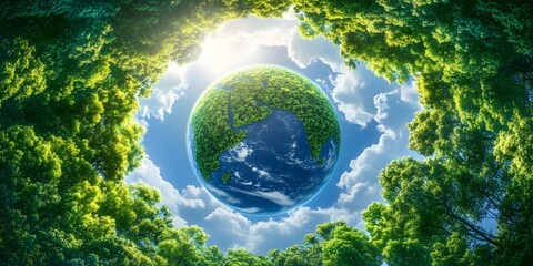 Earth globe encircled by lush green trees viewed from below, surrounded by a bright sky
