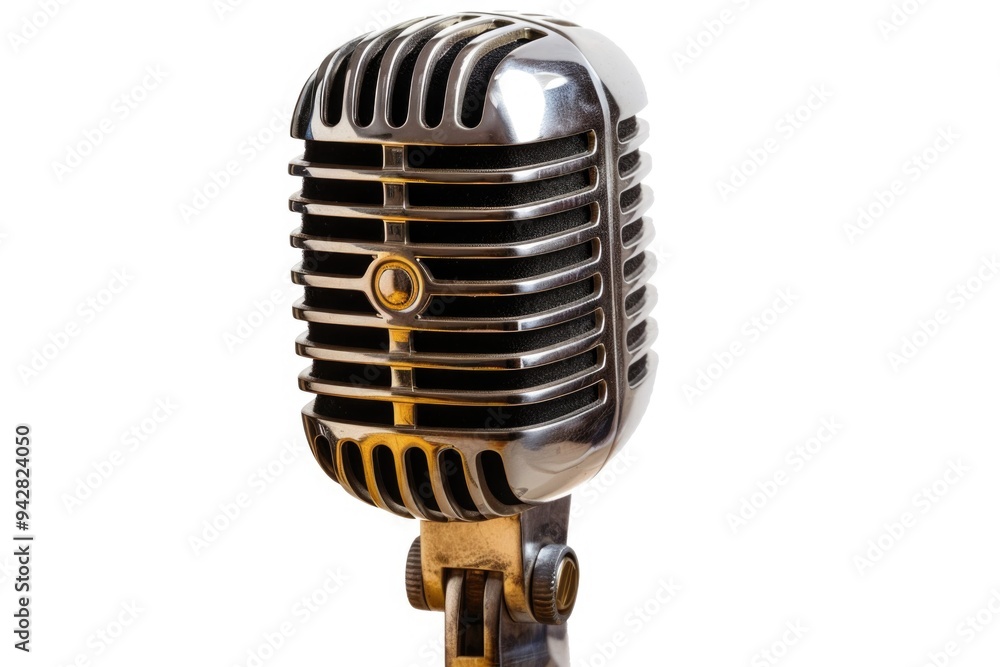 Poster A close-up view of a microphone on a white background