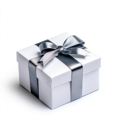 Obraz premium Elegant silver gift box with a shiny bow, isolated on a white background