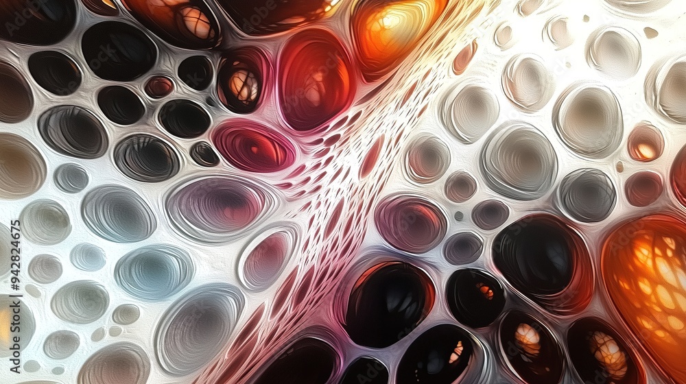 Poster abstract cellular pattern with vibrant colors: white, red, orange, and black circular shapes interco
