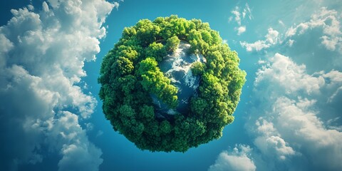 Lush green earth floating in the sky with sunlight casting over the ocean