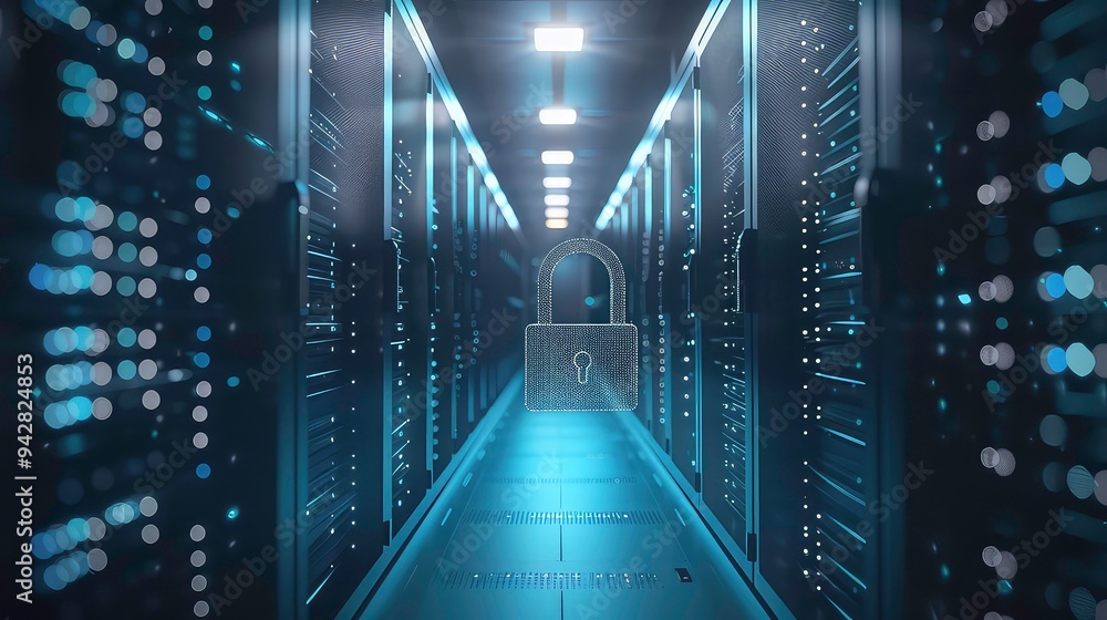 Aufkleber a large server room with a glowing padlock in the center of the frame. the padlock symbolizes the im