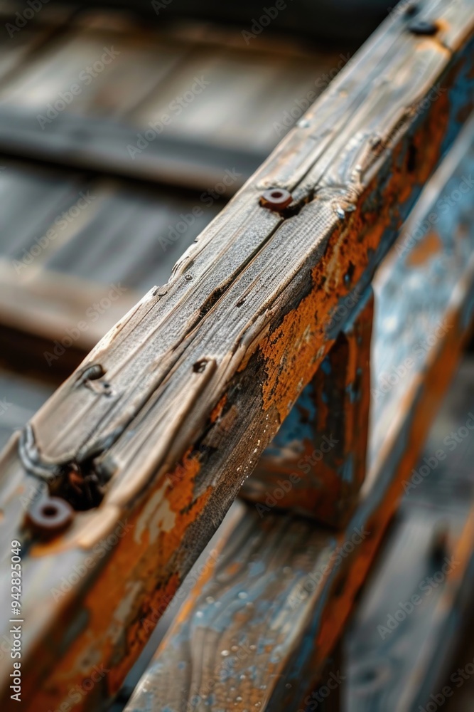 Poster A close-up shot of a wooden bench with visible signs of rust