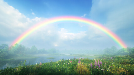 Naklejka premium rainbow over the meadow, A view of a rainbow arching over a picturesque landscape, such as rolling hills, a meadow,