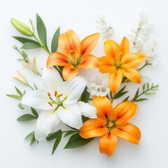 Fototapeta premium Flat lay composition with beautiful blooming lily flowers on white background