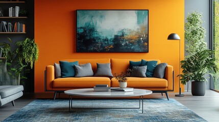 A contemporary living room with bold colors