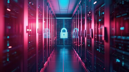 Server room corridor with a glowing padlock icon on the wall, representing data security.