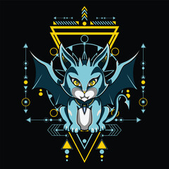 Devil Cat Illustration with Sacred Geometrical 5 For Tshirt Design