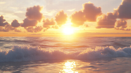Fototapeta premium sunset in the sky, View of the sun rising over the ocean, with warm colors reflecting off the water and gentle waves crashing 