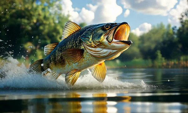 A largemouth bass leaps out of the water with its mouth open, creating a spray of water.