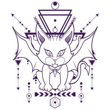 Devil Kitty Artwork with Geometrical Background For Tshirt Design