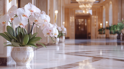 floors and ornate decor. Large flower pots with white and light pink are positioned