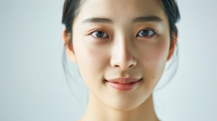 Fototapeta premium Close-up photo of an Asian woman on a white background, showing only her face and head, with her hair tied back and a slight smile on her face, for use in projects about clean skin without any problem