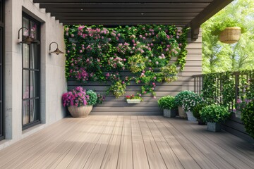 Fototapeta premium A wooden deck with potted plants, perfect for outdoor living spaces