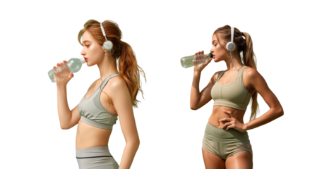 Woman wearing headphones exercising and drinking water