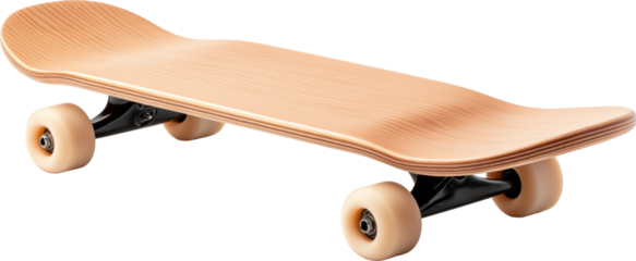 A minimalist skateboard with a wooden deck and light wheels isolated on transparent background.
