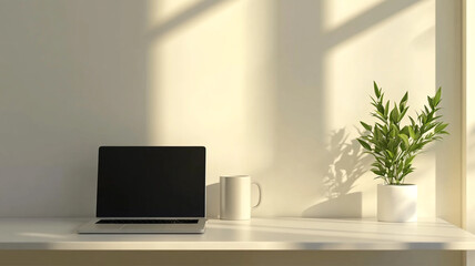 A desk with a laptop, coffee mug,modern office interior with laptop, modern office room, modern office interior