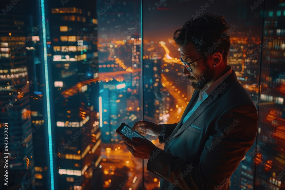 Poster man in a suit looks at his cell phone, possibly checking messages or making a call