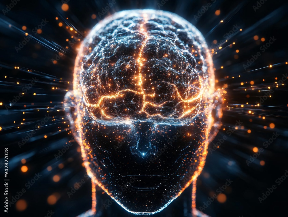 Poster abstract representation of a human brain with glowing neural connections, symbolizing thoughts and i