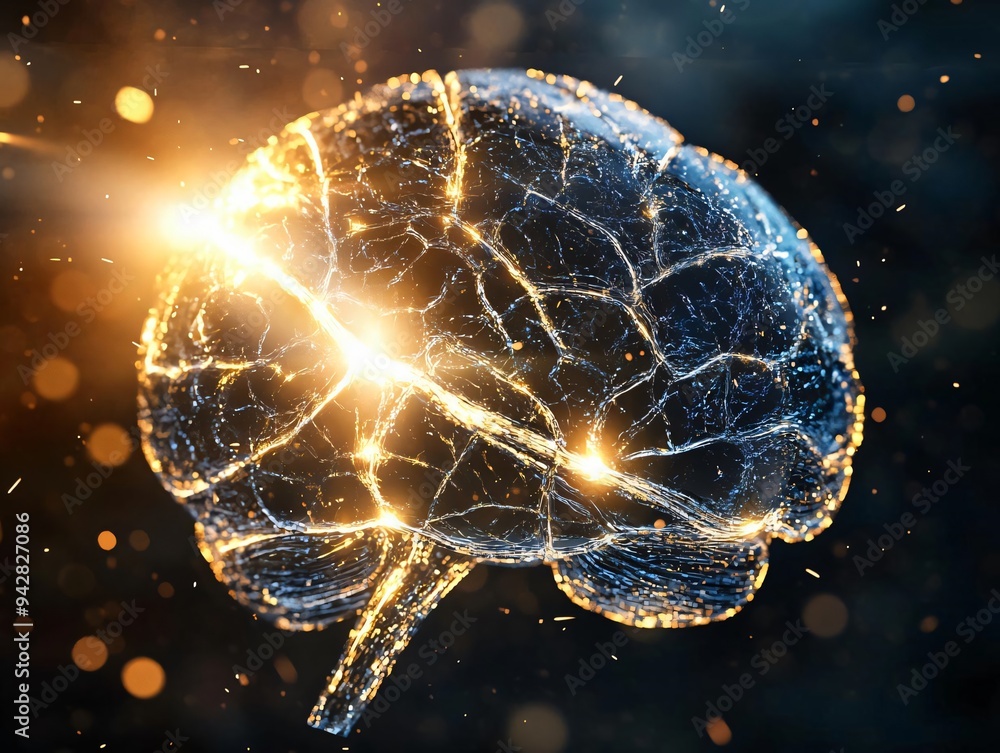 Poster an artistic representation of a brain, illuminated with sparkling lights, symbolizing creativity and