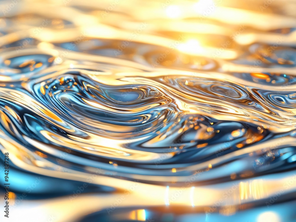 Poster Close-up of shimmering water surface reflecting golden light, creating beautiful ripples and patterns in a serene environment.