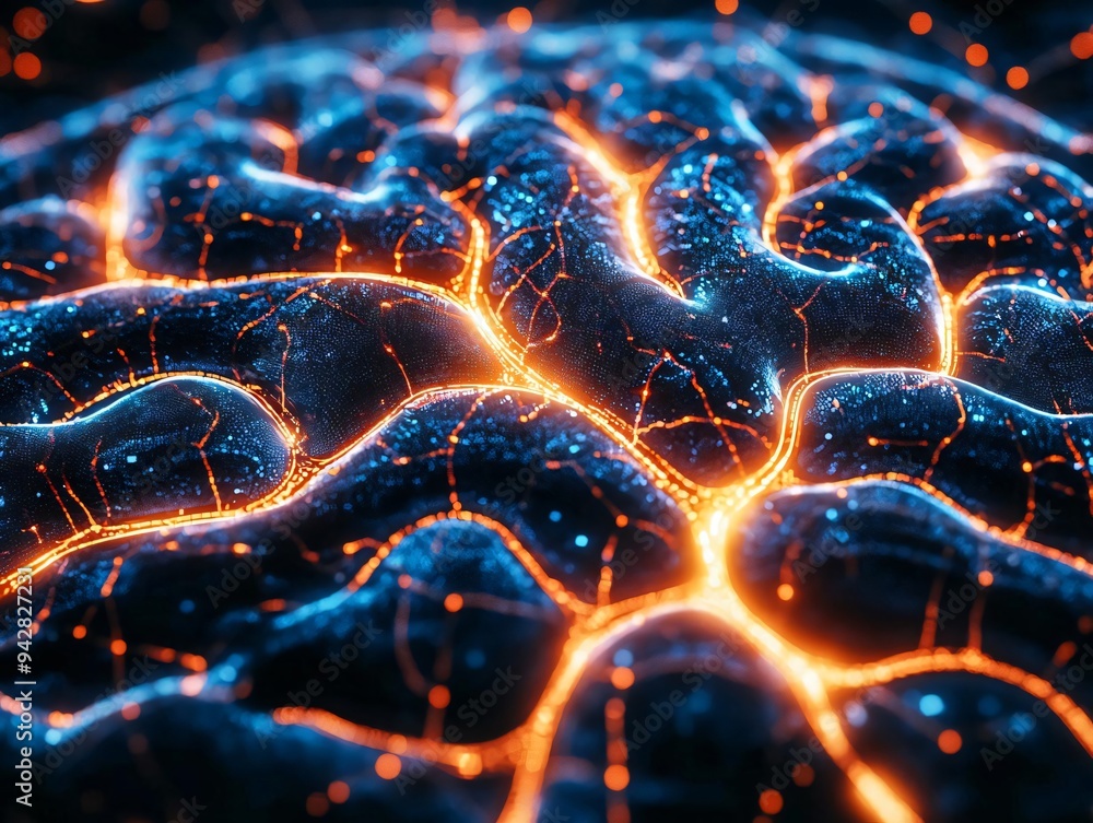 Poster close-up view of a glowing neural network, showcasing intricate details and vibrant colors that repr