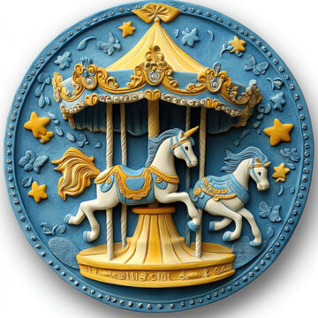 Close-up 3D bas-relief of a children's carousel in blue and yellow tones. Resource, sketch, template for creativity, creative interior decor, exterior facade decor. Illustration for advertising an amu