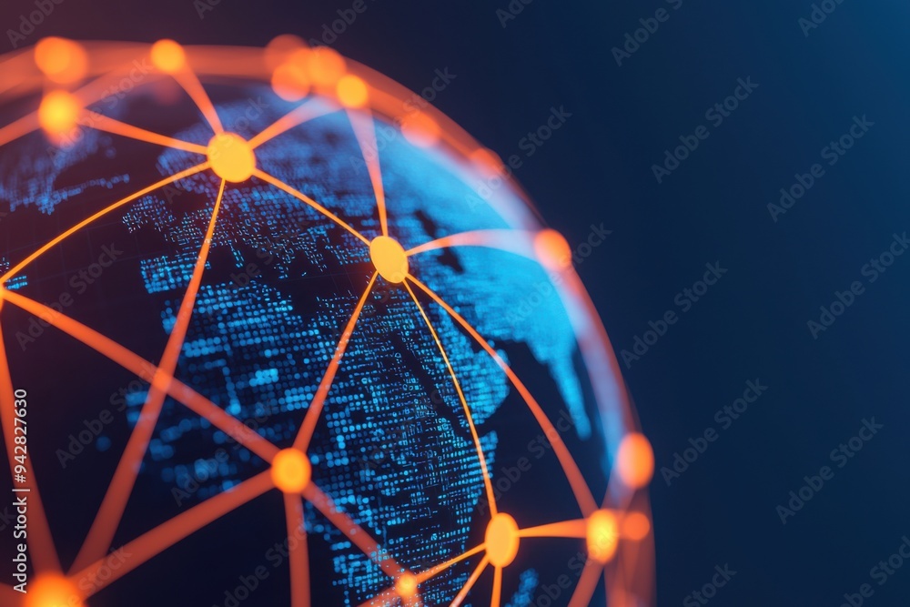 Poster A close-up view of a digital globe connected by network lines, symbolizing global communication and technology integration.