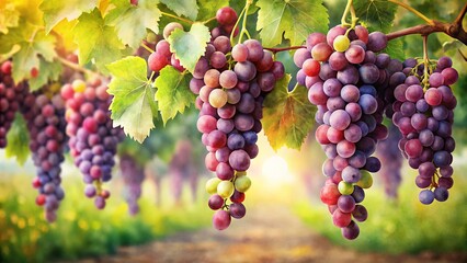 Watercolor painting of ripe grapes hanging from a vine in a vineyard, showcasing the beauty of nature and fruit