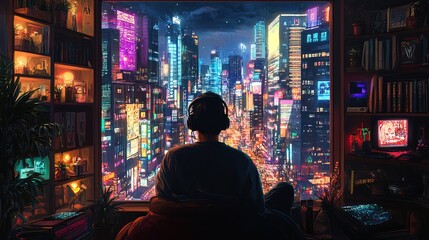 Cozy Urban Oasis: A Serene Individual with Headphones Enjoys a Stunning Metropolis View - Perfect Poster for Modern Interiors or Relaxation Spaces