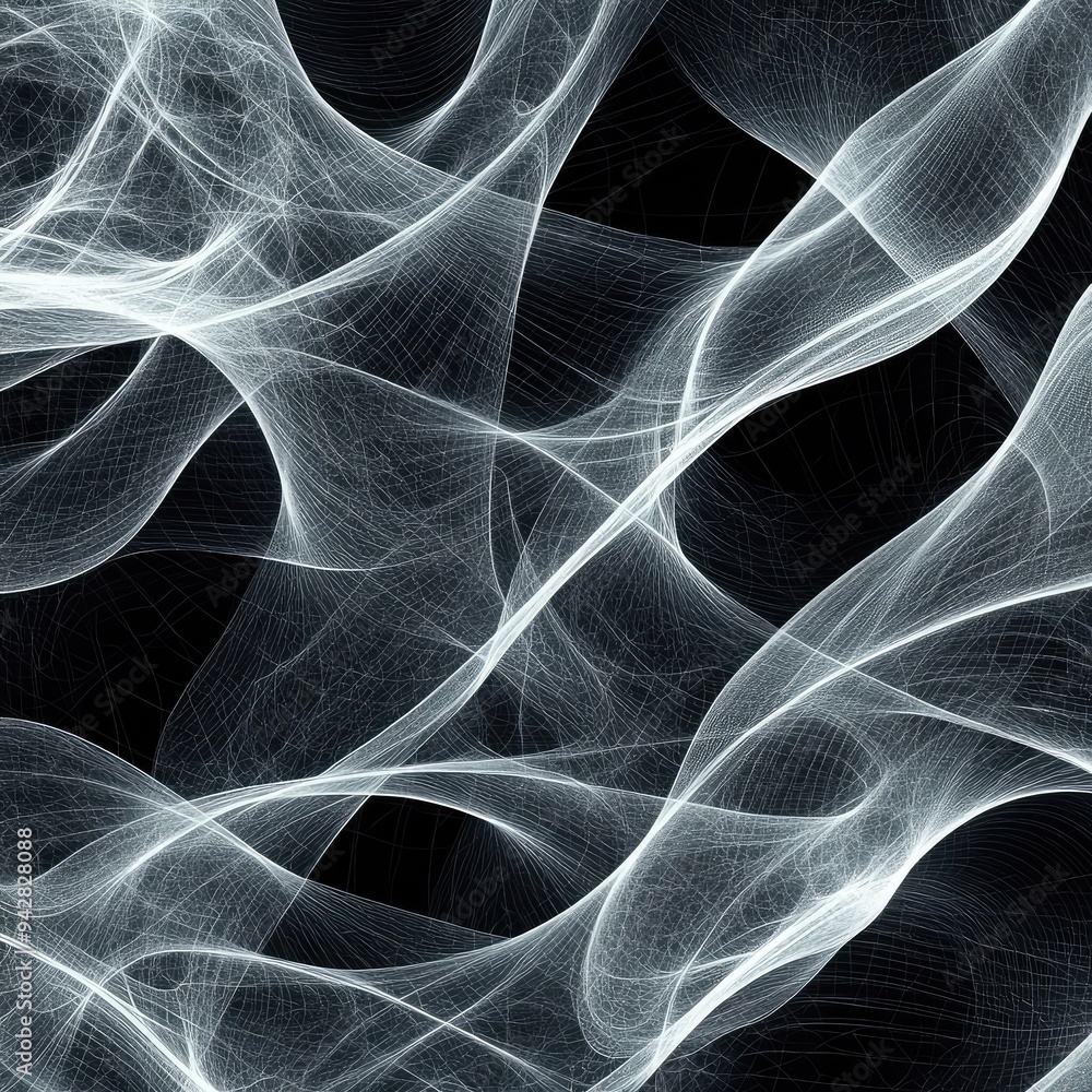 Poster abstract white net pattern with futuristic design elements on a dark background.