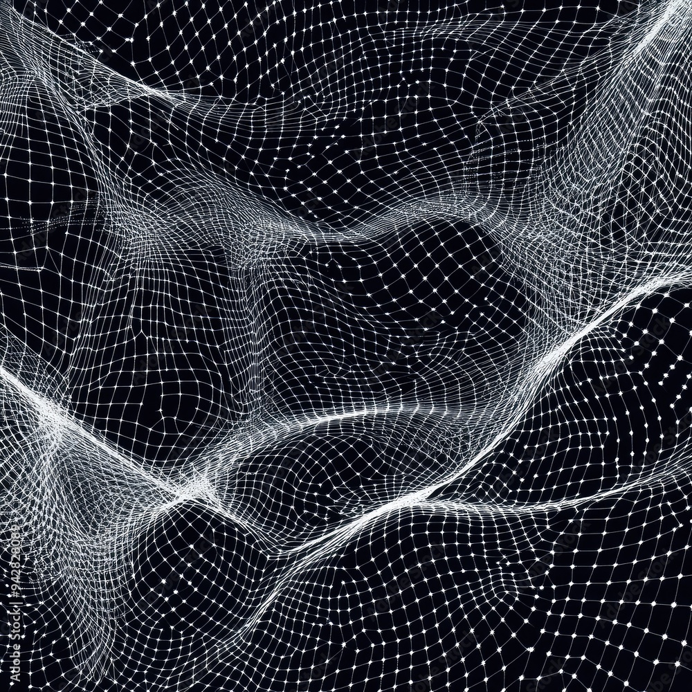 Poster abstract white net pattern with futuristic design elements on a dark background.