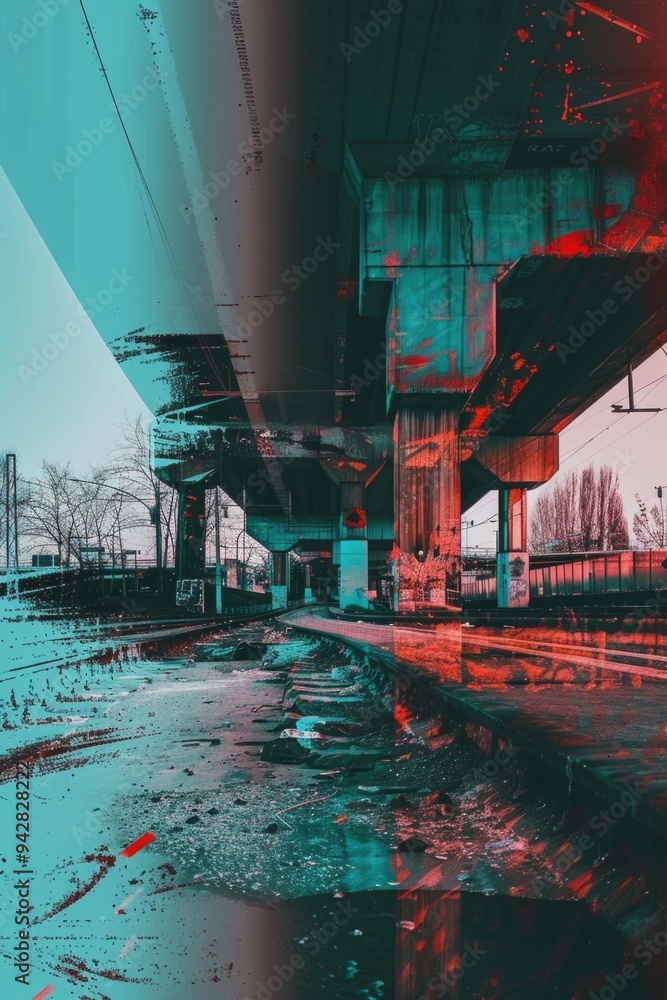 Aufkleber train station viewed from beneath a bridge, capturing the daily hustle and bustle