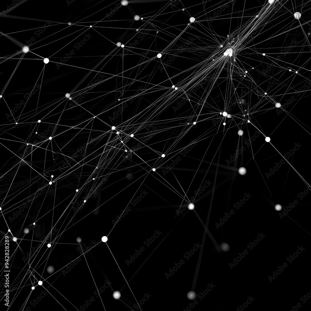 Fototapete abstract white network grid with dynamic lines and nodes on a black background.