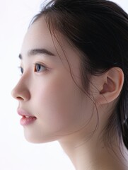 Fototapeta premium Close-up photo of an Asian woman on a white background, showing only her face and head, with her hair tied back and a slight smile on her face, for use in projects about clean skin without any problem