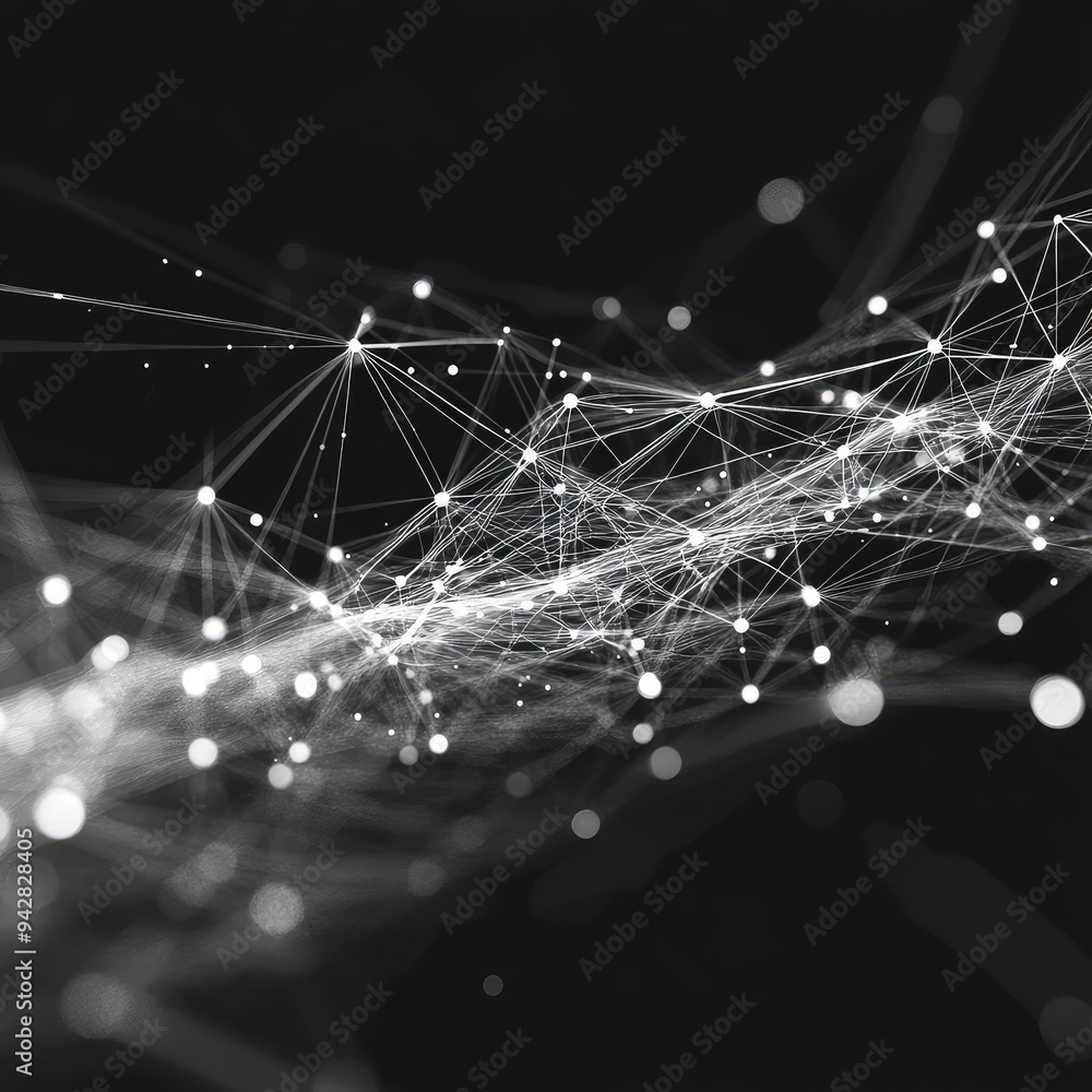 Fototapete abstract white network grid with dynamic lines and nodes on a black background.
