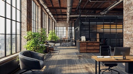 Modern office interior in loft, industrial style, 3d render the beautiful one