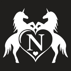 Elegant Unicorn white Monogram Logo with Heart and Letter 'N' – Vector Silhouette Design, t shirt Design svg